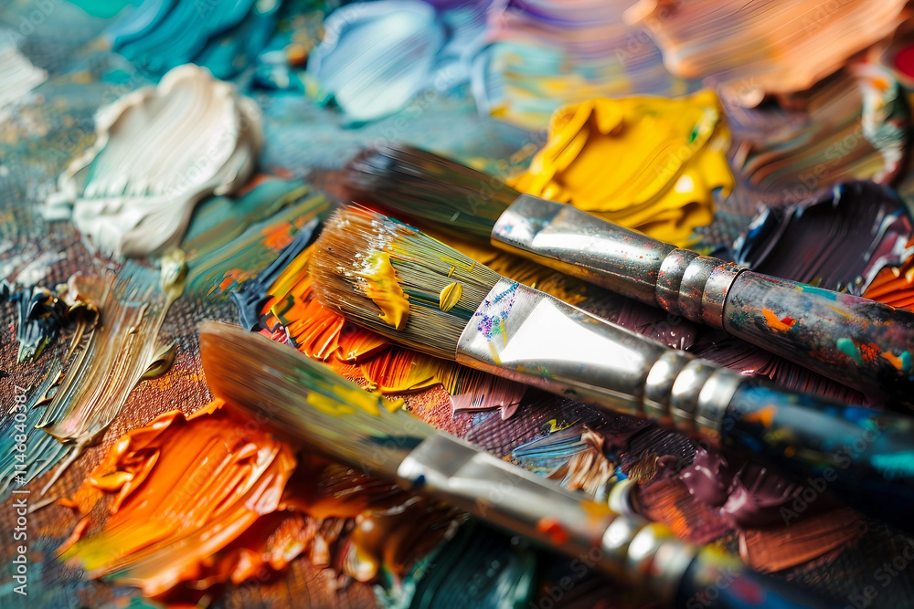 Generative AI image of talented artist passionately painting with vibrant colors on a large canvas in an art studio Generative AI image of talented artist passionately painting with vibrant colors on a large canvas in an art studio