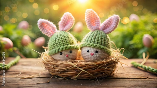 Two Knitted Easter Bunny Eggs Nestled in a Hay Nest with a Blurred Background of Spring Greenery and Bokeh Lights