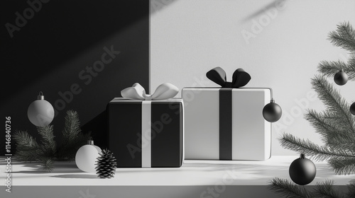 A visually striking display of minimalist Christmas gifts featuring sleek 3D renders, monochrome wrapping, and simple ribbons, set on a clean, modern surface