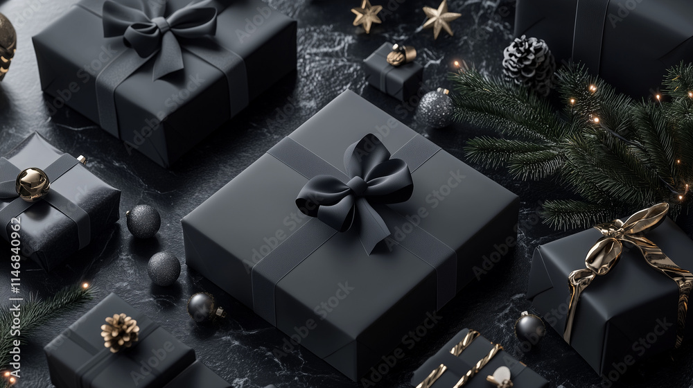An artistic arrangement of sleek 3D-rendered Christmas gifts with minimalist monochrome wrapping and subtle ribbons, showcased on a contemporary surface, with a few elegant holiday accents