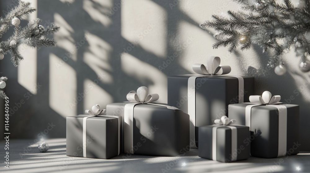 An artistic arrangement of sleek 3D-rendered Christmas gifts with minimalist monochrome wrapping and subtle ribbons, showcased on a contemporary surface, with a few elegant holiday accents