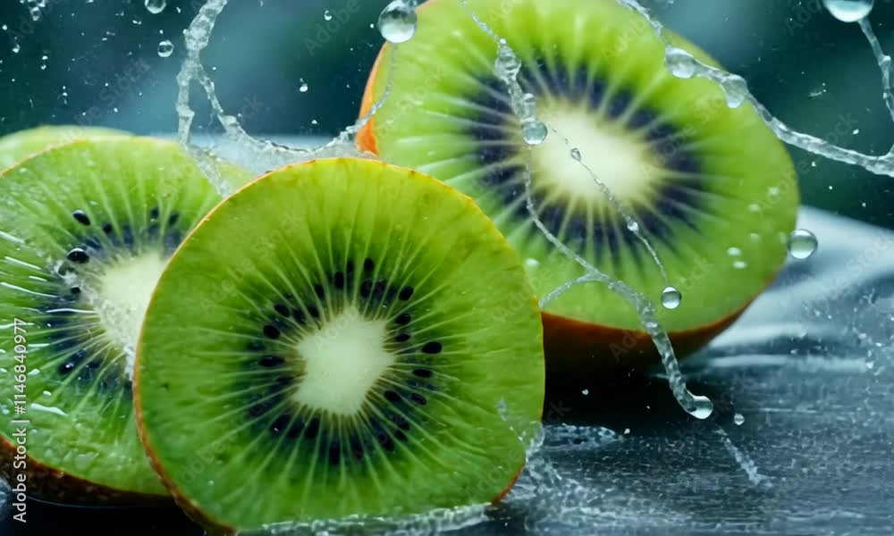 Juicy Slices of Kiwi Fruit Under a Refreshing Water Spray