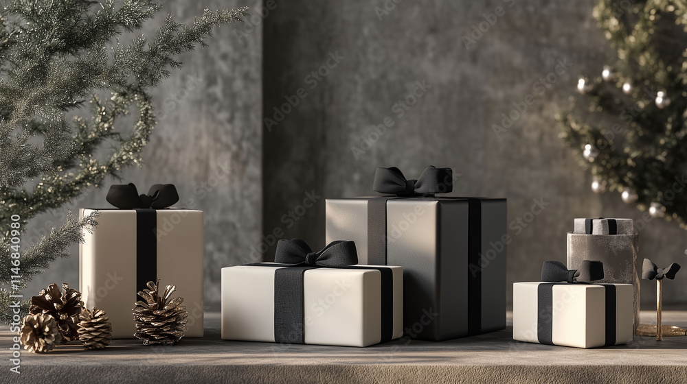 An artistic arrangement of sleek 3D-rendered Christmas gifts with minimalist monochrome wrapping and subtle ribbons, showcased on a contemporary surface, with a few elegant holiday accents