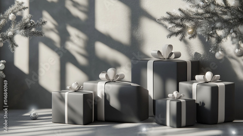 Obraz na płótnie An artistic arrangement of sleek 3D-rendered Christmas gifts with minimalist monochrome wrapping and subtle ribbons, showcased on a contemporary surface, with a few elegant holiday accents w salonie