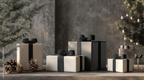 Obraz na płótnie An artistic arrangement of sleek 3D-rendered Christmas gifts with minimalist monochrome wrapping and subtle ribbons, showcased on a contemporary surface, with a few elegant holiday accents w salonie