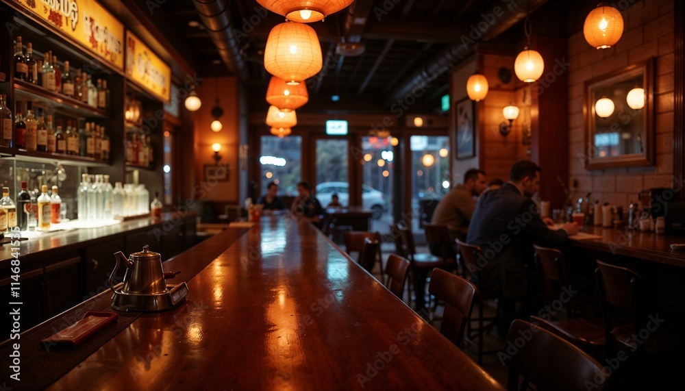 Bar atmosphere with wooden counter and ambient lighting in a cozy setting