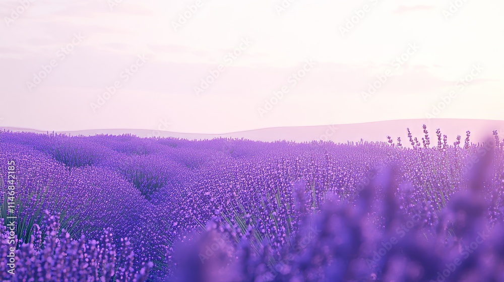 Fototapeta premium Exquisite lavender fields stretching against a soft lilac sky, panoramic shot, Naturalistic style