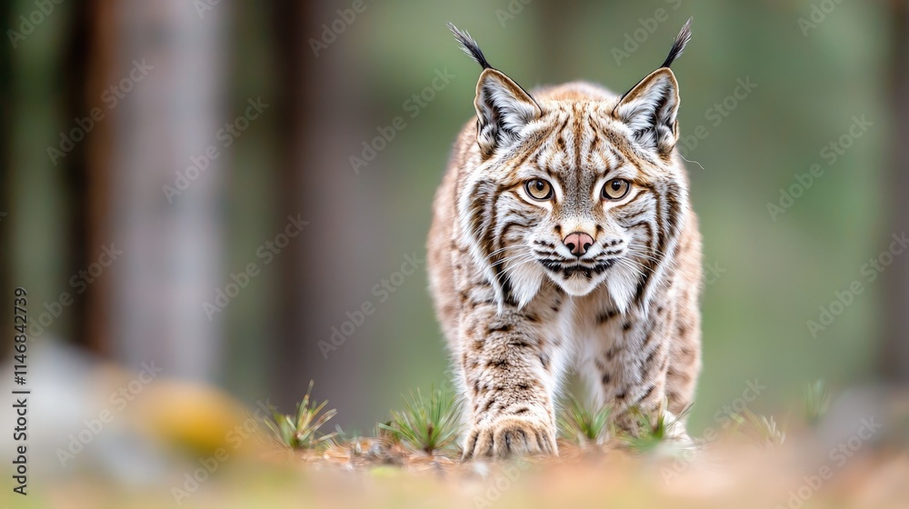 Fototapeta premium Eurasian lynx walking towards camera in forest.