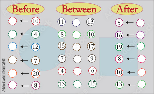 What comes before - between and after, math worksheets for kids.
