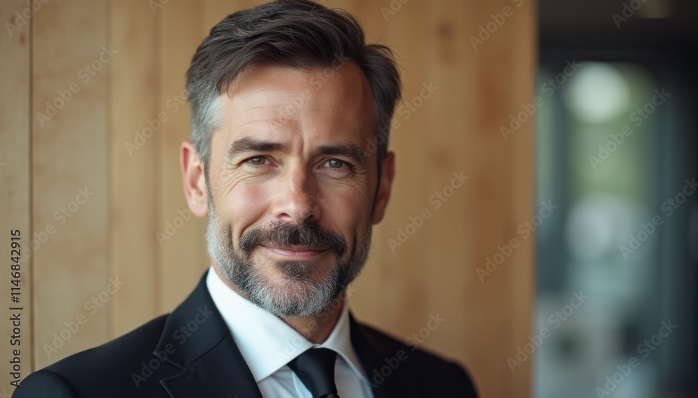 A distinguished man in a tailored suit stands against a warm wooden backdrop, exuding confidence and professionalism. His charming smile and well-groomed beard reflect a blend of charisma and A distinguished man in a tailored suit stands against a warm wooden backdrop, exuding confidence and professionalism. His charming smile and well-groomed beard reflect a blend of charisma and