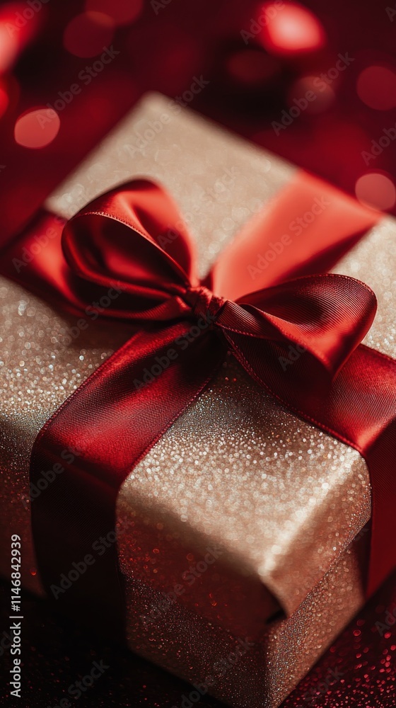 Festive red gift box adorned with a silk ribbon and surrounded by decorative red berries during the holiday Festive red gift box adorned with a silk ribbon and surrounded by decorative red berries during the holiday