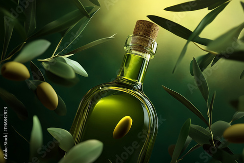 Olives and leaves twisting around glass olive oil bottle photo