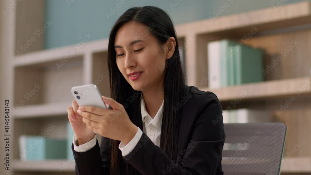 Happy positive smiling Asian Japanese office worker manager business woman Chinese Korean female businesswoman girl looking mobile phone screen dating online app chat dreaming receive good news inside