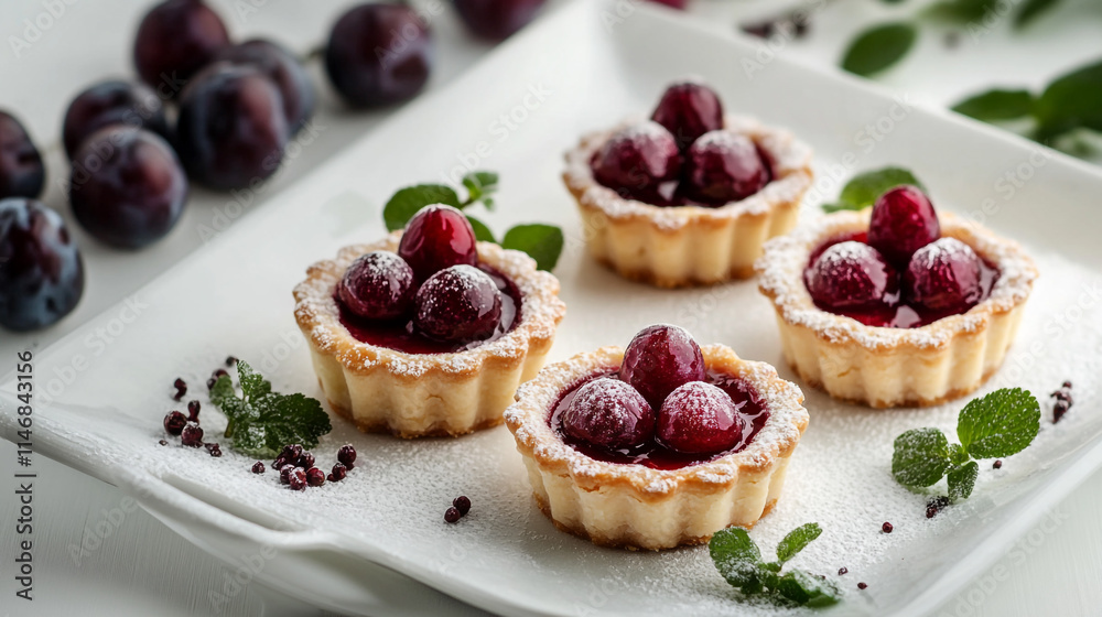 Delicious fruit tarts with fresh berries and mint on a white plate. Delicious fruit tarts with fresh berries and mint on a white plate.