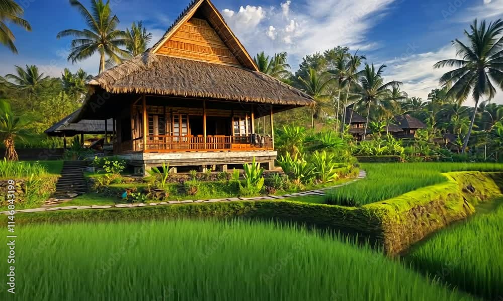 Traditional Balinese House nestled amidst lush rice paddies and palm trees. Traditional Balinese House nestled amidst lush rice paddies and palm trees.