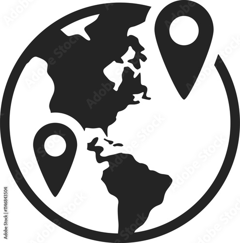 Two location pins marking distinct spots on the Earths globe, representing the concepts of global travel, international shipping, and worldwide delivery services