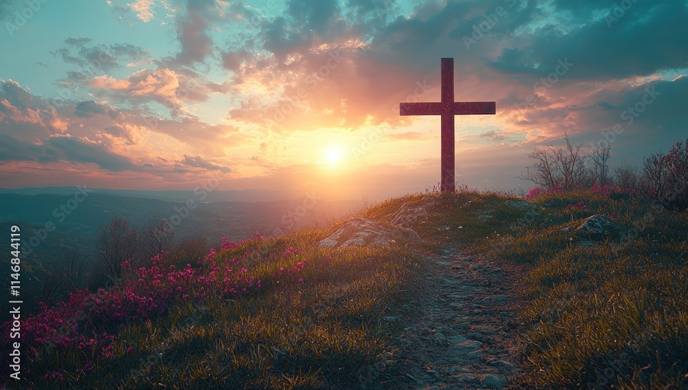 Cross standing on a hilltop path with vibrant flowers and a stunning sunset in the background Generative AI