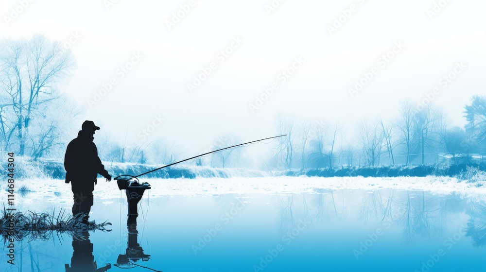 Winter morning serenity fisherman silhouette against a snowy landscape in grey and blue tones Winter morning serenity fisherman silhouette against a snowy landscape in grey and blue tones