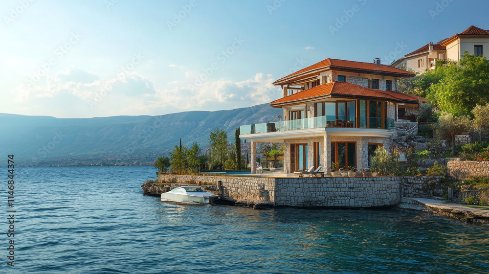 Spectacular waterfront villa with water in the ocean, Luxury building by the water with a beautiful landscape and blue sky and ocean water, property on luxury islands for investment with buildings. Spectacular waterfront villa with water in the ocean, Luxury building by the water with a beautiful landscape and blue sky and ocean water, property on luxury islands for investment with buildings.