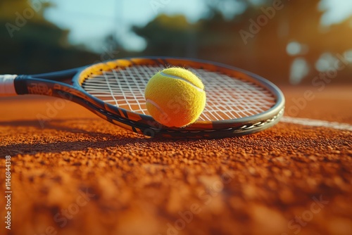 Tennis Ball and Racket on Outdoor Clay Court
