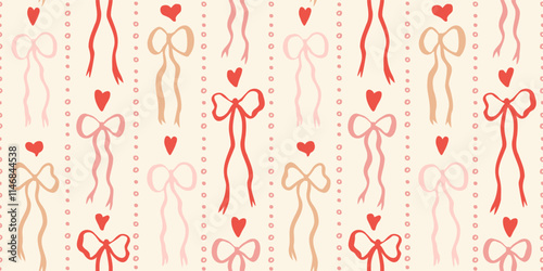 Seamless pattern with doodle bows, hearts. Trendy vertical stripe background. Hand drawn vector illustration. Valentine's day wrapping paper, social media cottage core banner.