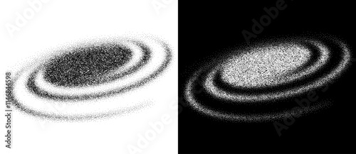 Abstract art background with dotted spiral. Stipple effect with chaotic noise. Black shape on a white background and the same white shape on the black side.