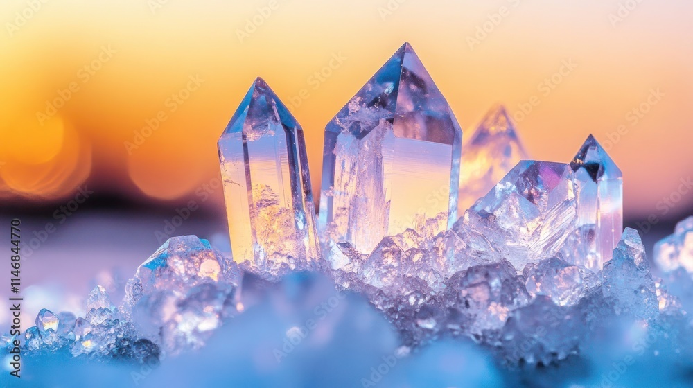 Obraz premium Sparkling quartz crystals on ice at sunset.