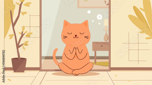 Cute Cartoon Meditating Cat Drawing Flat Vector Illustration