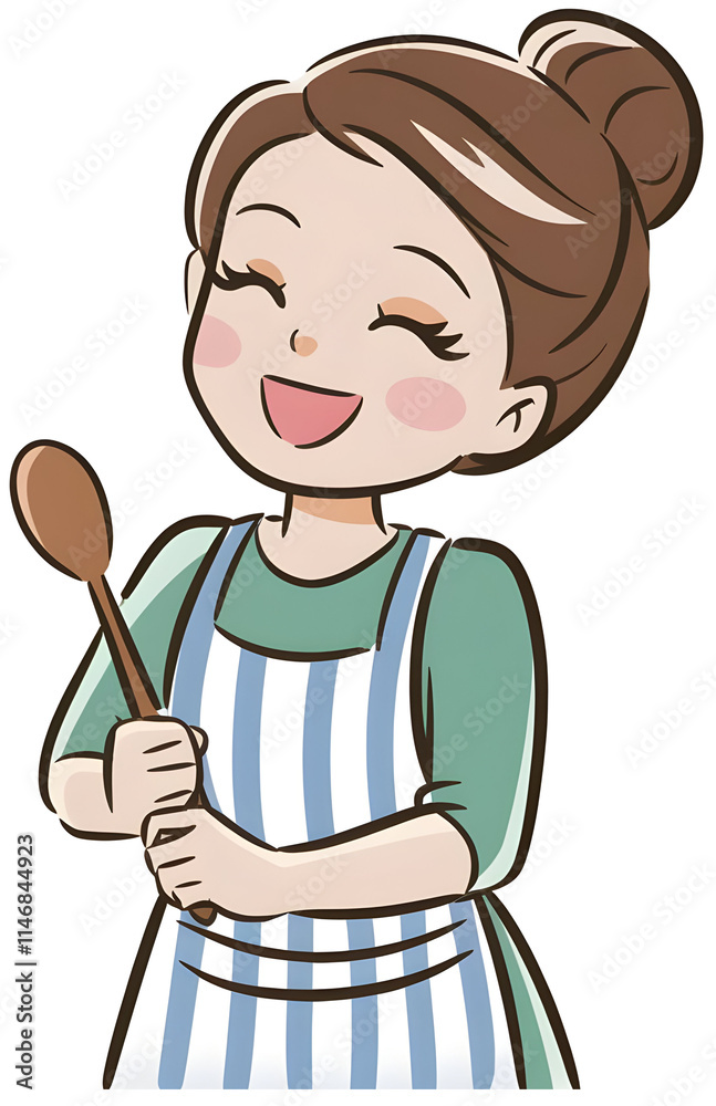 Illustration of a housewife smiling and cooking in the kitchen Illustration of a housewife smiling and cooking in the kitchen