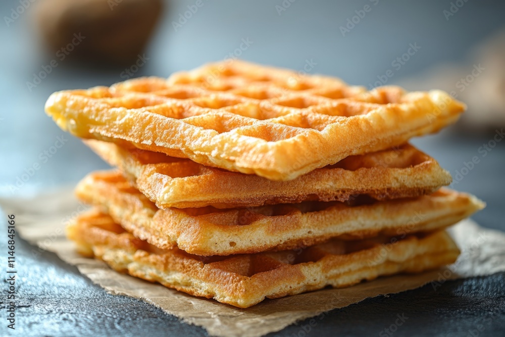 Stack of freshly made waffles served on a rustic surface ready for breakfast or dessert enjoyment Stack of freshly made waffles served on a rustic surface ready for breakfast or dessert enjoyment