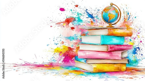 Colorful books and globe on watercolor splash background.