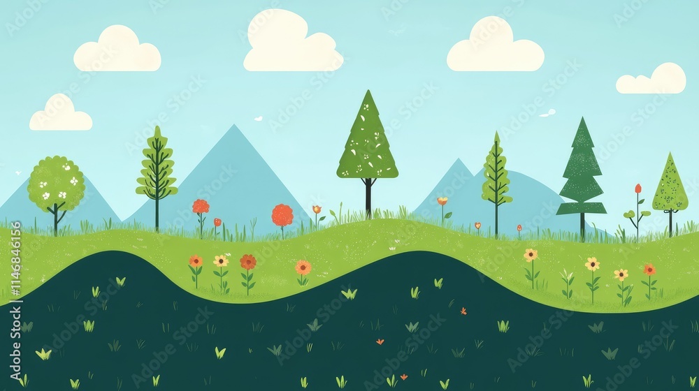 Naklejka premium Idyllic spring landscape with blooming flowers, trees, and mountains under a clear blue sky.