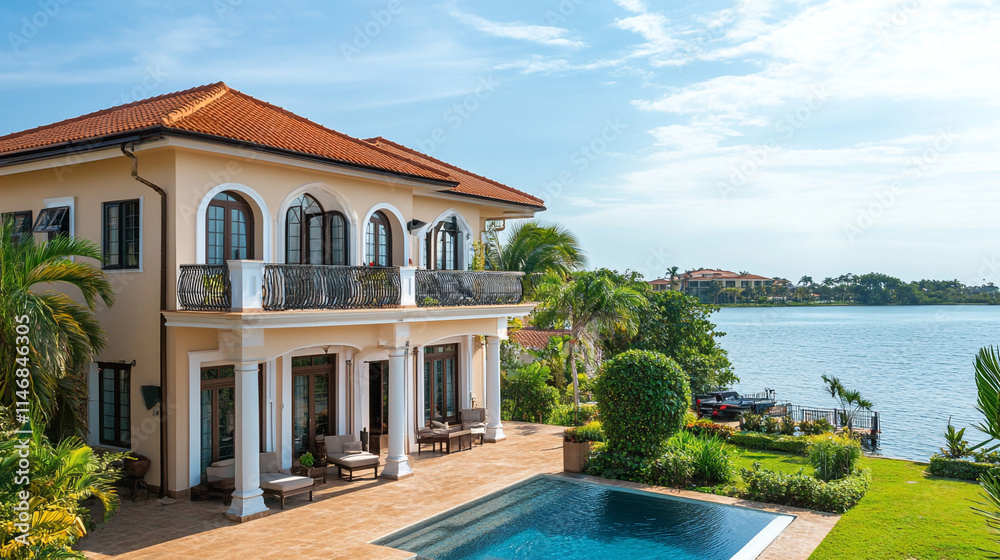 Fototapeta premium Spectacular waterfront villa with water in the ocean, Luxury building by the water with a beautiful landscape and blue sky and ocean water, property on luxury islands for investment with buildings.