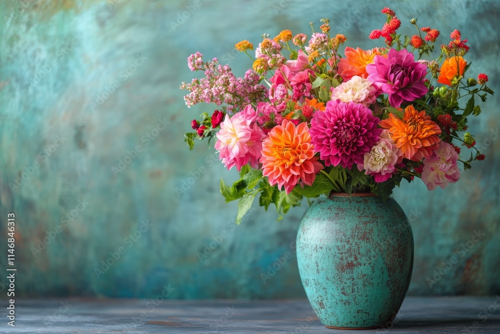 Vibrant bouquet of seasonal flowers in a decorative turquoise vase set against a textured colorful background Vibrant bouquet of seasonal flowers in a decorative turquoise vase set against a textured colorful background