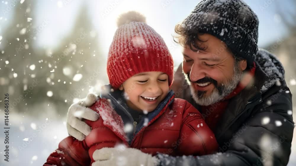 Father enjoying winter holidays n the snow with his little son