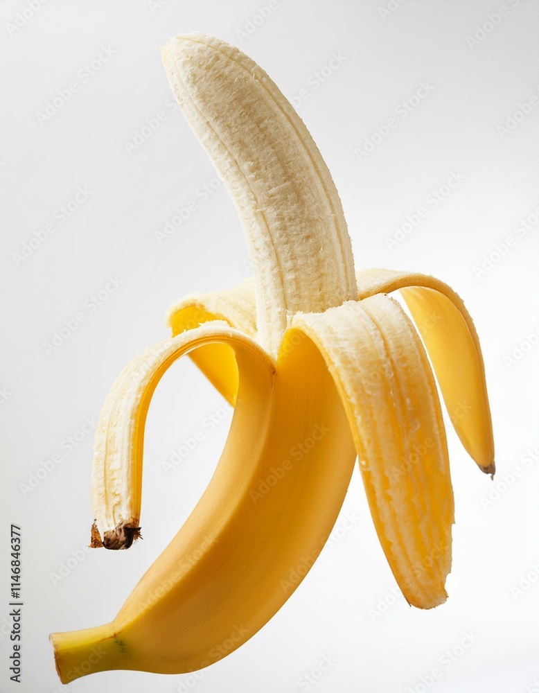 Partially peeled banana, showing its creamy yellow flesh against a bright background.