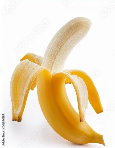 Partially peeled banana on white background.