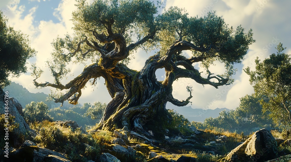 A majestic ancient tree standing strong against nature's backdrop. A majestic ancient tree standing strong against nature's backdrop.