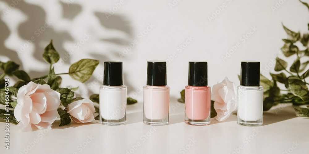 Nail polish bottles of neutral colors arranged on a marble background Nail polish bottles of neutral colors arranged on a marble background