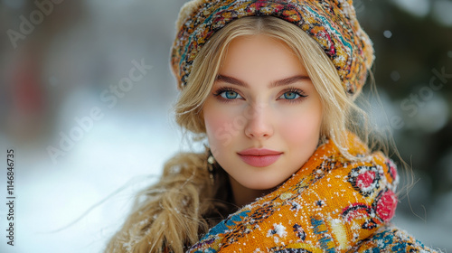 Young Woman in Traditional Russian Costume Posing Poetically in Snowy Village Setting photo