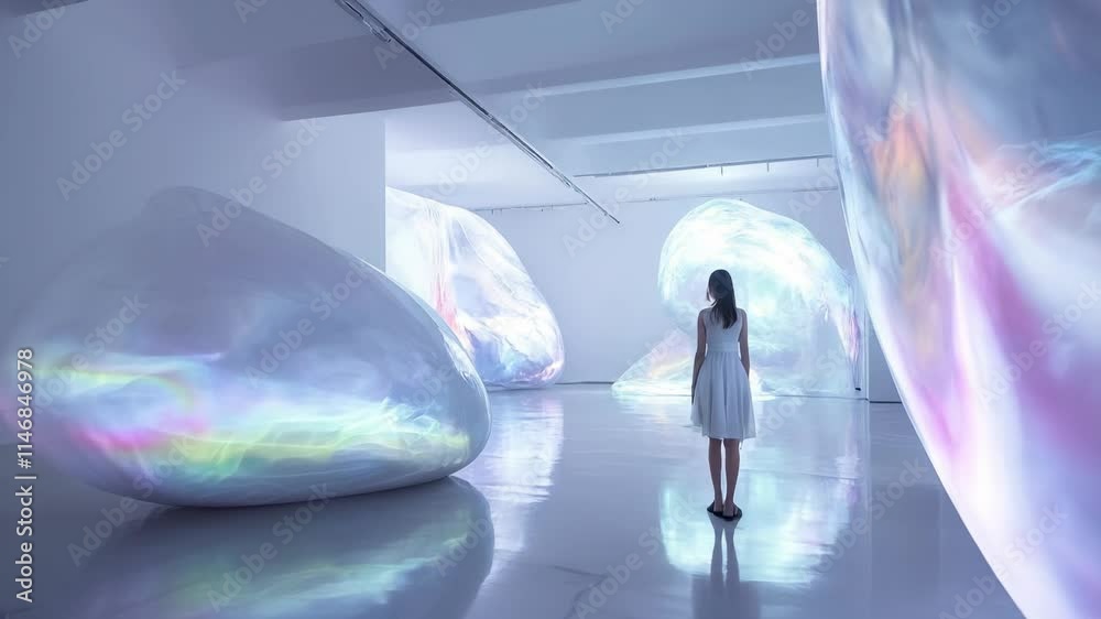 Woman in White Dress Admires Iridescent Holographic Art Installations in a Futuristic Gallery