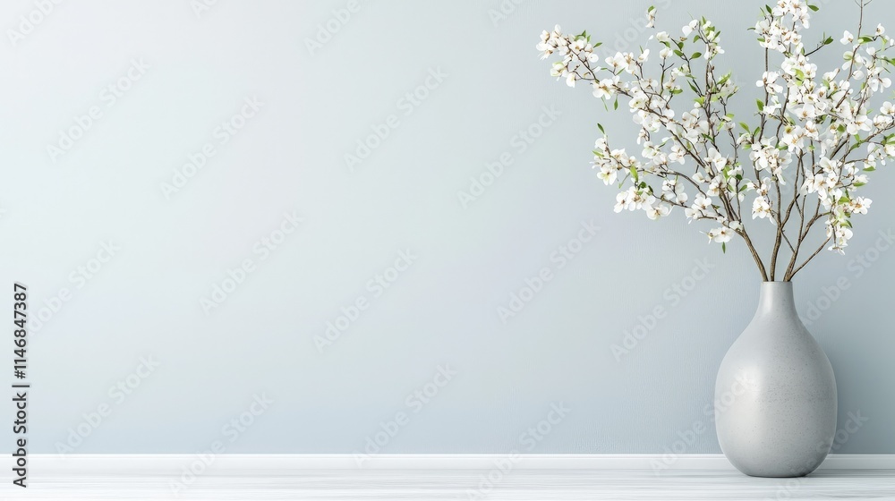 White flowers in gray vase against light blue wall. White flowers in gray vase against light blue wall.