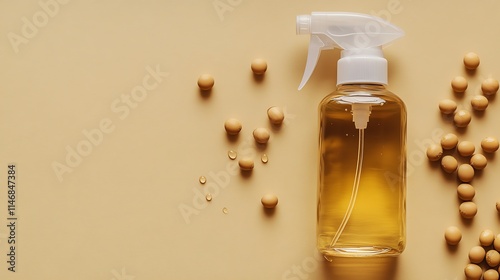 A spray bottle filled with oil beside small droplets and seeds. photo