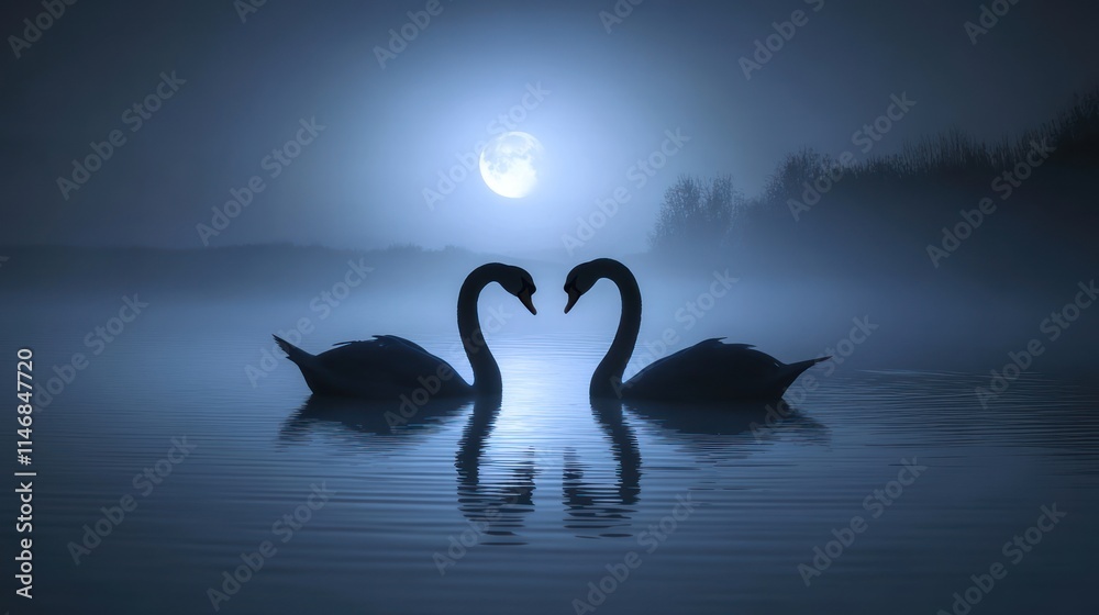 Fototapeta premium Two swans forming a heart shape at night under a full moon.