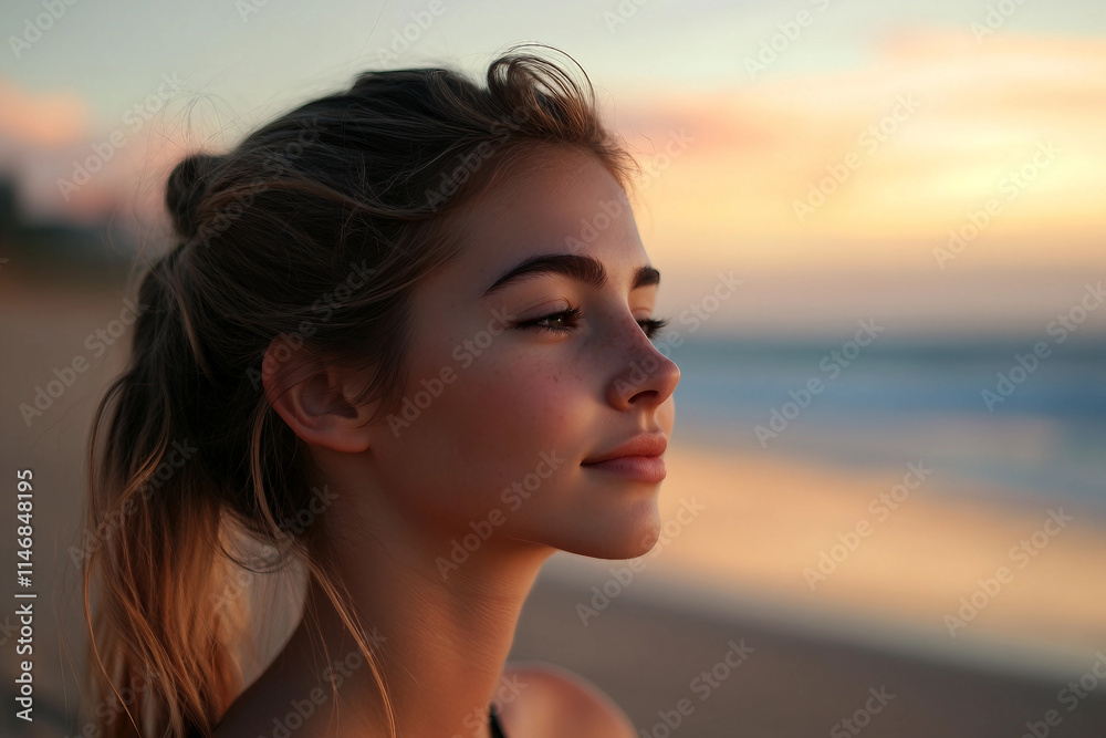 Generative AI Portrait of Person Traveler Enjoying Sunset on Beach during Summer Vacation Generative AI Portrait of Person Traveler Enjoying Sunset on Beach during Summer Vacation