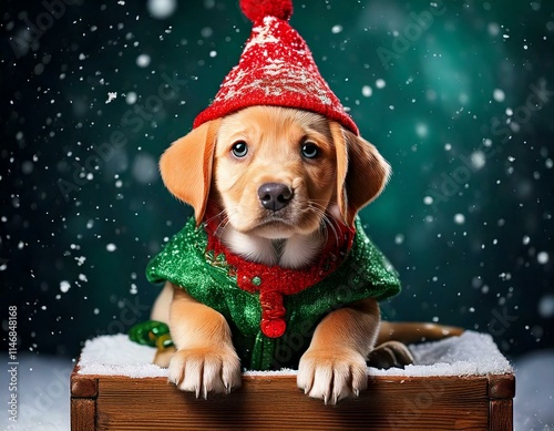 Hund als Weihnachtswichtel im Schnee – Festliches Haustierporträt photo