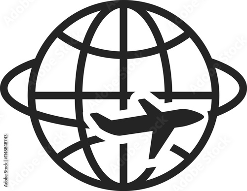 Simple black and white vector icon of an airplane flying around the earth globe, representing concepts such as international travel, tourism, and global transportation