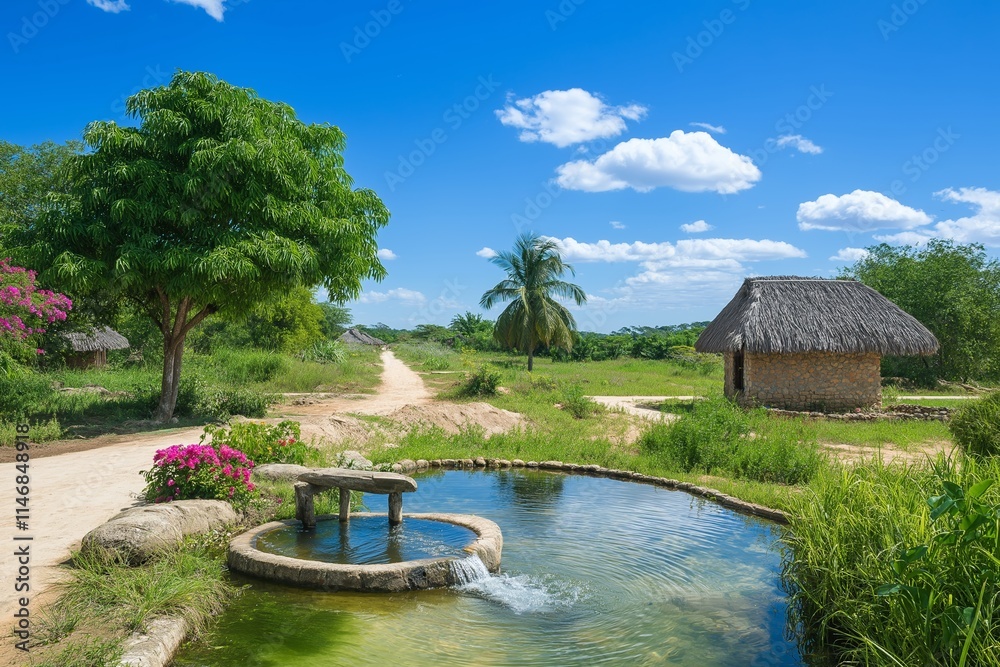 Fototapeta premium Rustic Village With Clear Water Pond And Lush Greenery. Picturesque Background Showcasing Natural Beauty And Tranquil Lifestyle. Harmony Of Nature And Tradition. AI generated