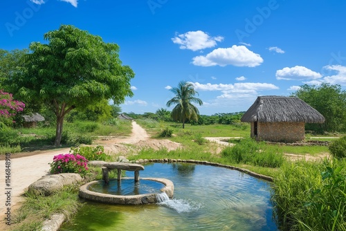 Rustic Village With Clear Water Pond And Lush Greenery. Picturesque Background Showcasing Natural Beauty And Tranquil Lifestyle. Harmony Of Nature And Tradition. AI generated photo