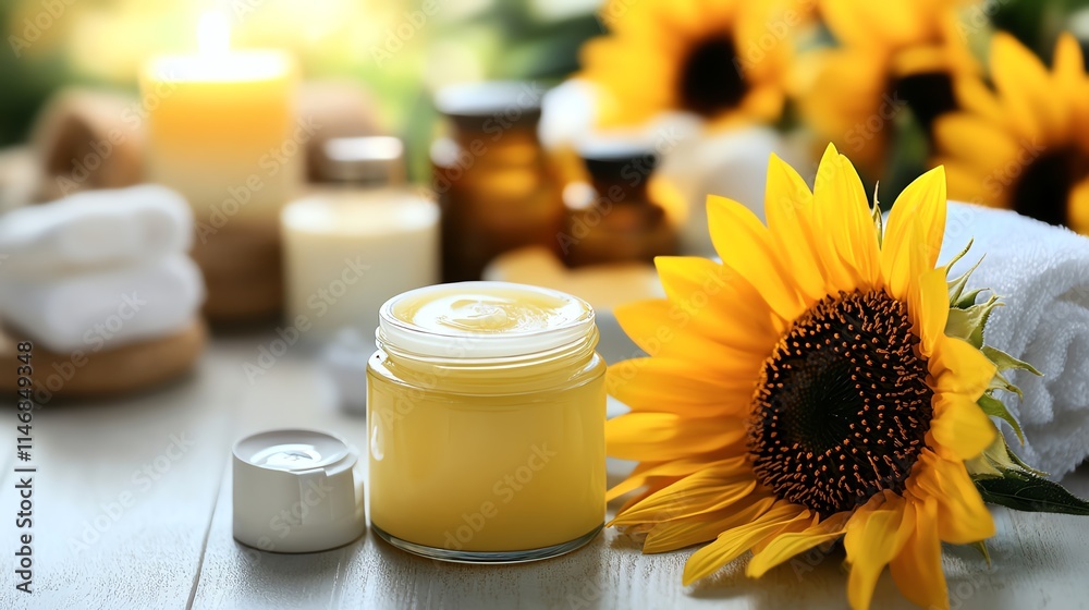 Bright sunflower with cream jar and candles on a wooden surface. Bright sunflower with cream jar and candles on a wooden surface.